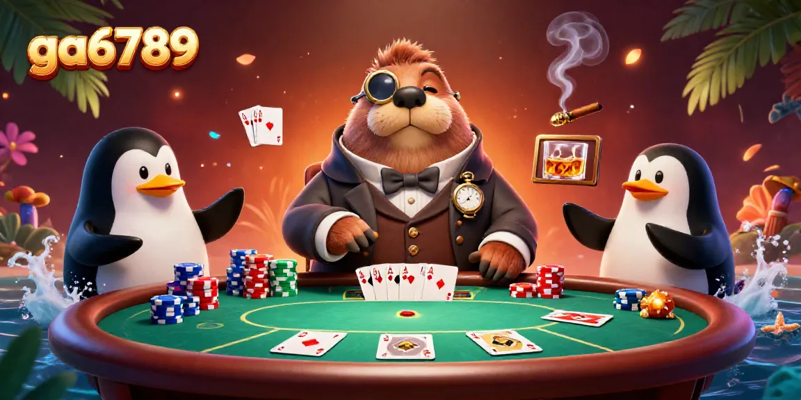 Experience excitement at ga6789 with a jolly walrus playing poker underwater.