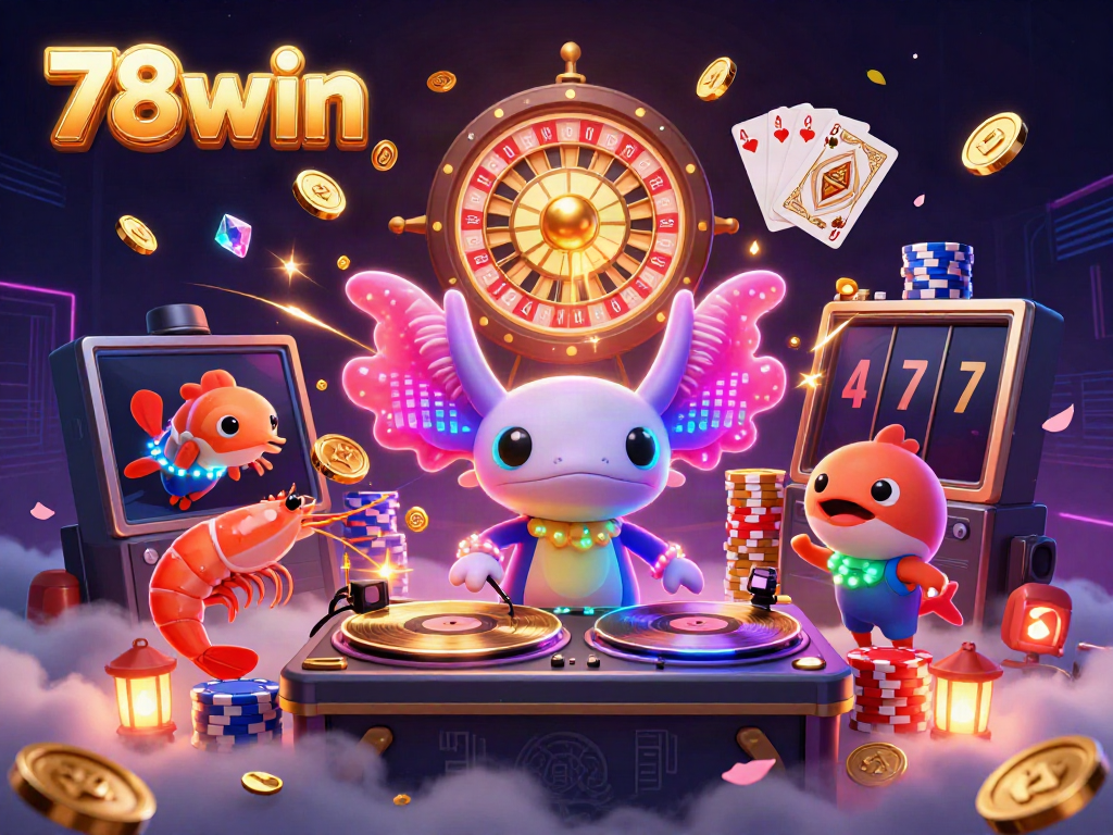 Engage in the thrilling 78win casino experience surrounded by vibrant characters and dynamic gaming elements.