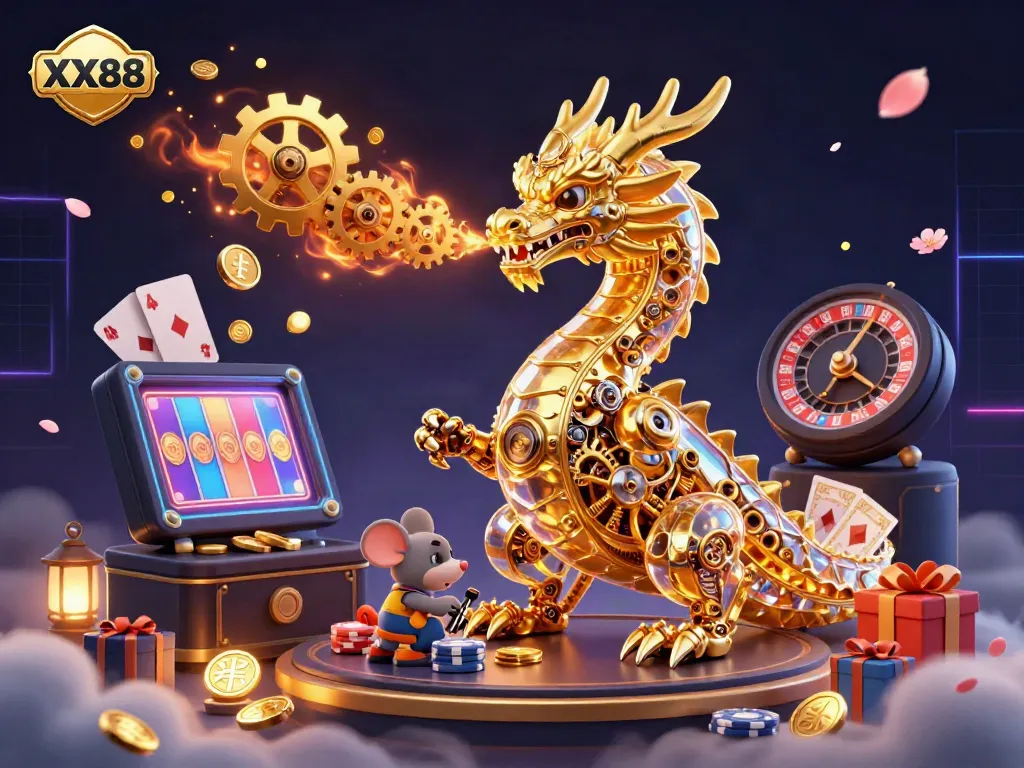 Experience exhilaration with XX88 as the golden dragon ignites casino dreams with coins and cards.