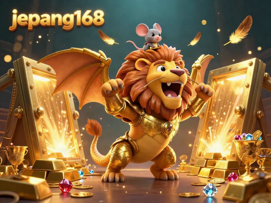 Experience the exciting world of jepang168 slots with vibrant 3D visuals of a chimera creature and glowing treasures.