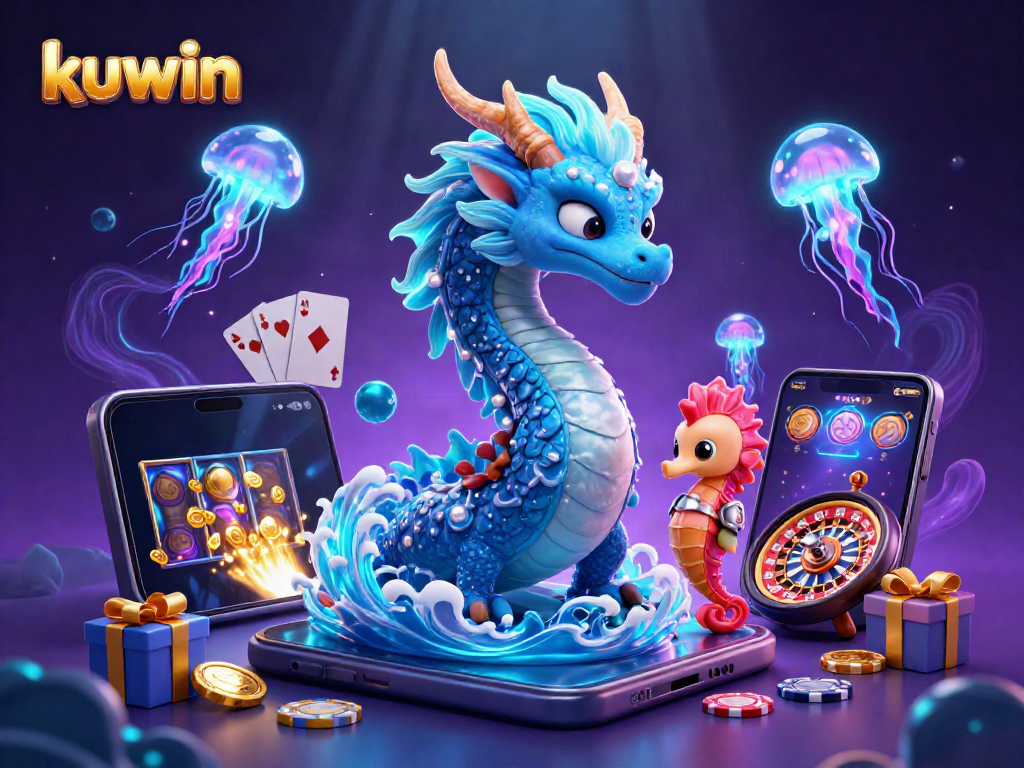 Engage in exciting gameplay with Kuwin's 3D illustration of a dragon, seahorse knight, and jellyfish.