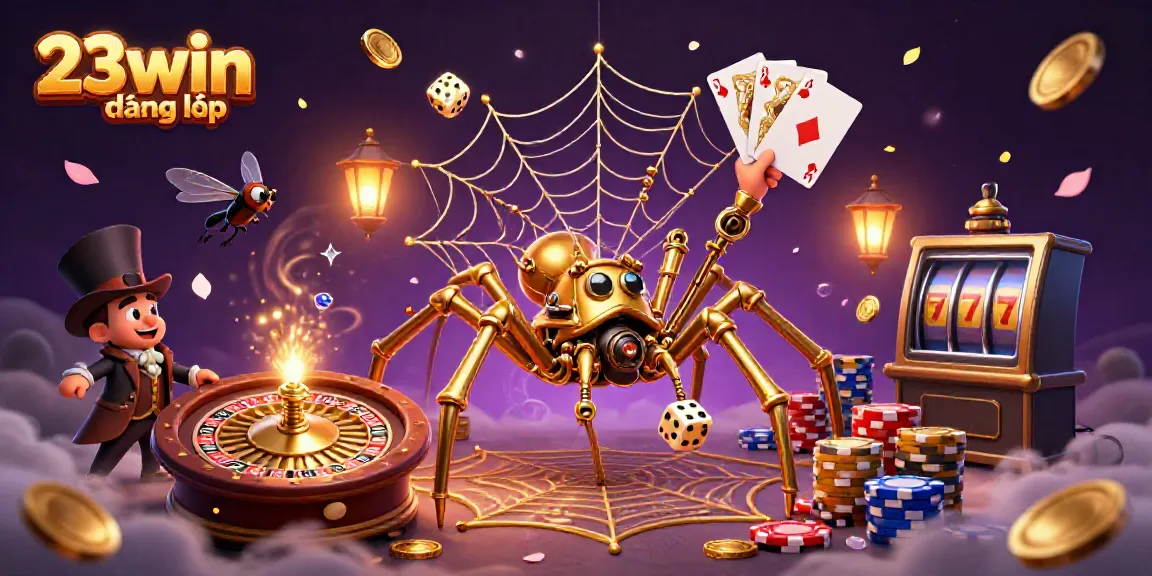 Experience thrilling gameplay with 23win đăng nhập as a steampunk spider captures luck-filled dice in a vibrant casino scene.