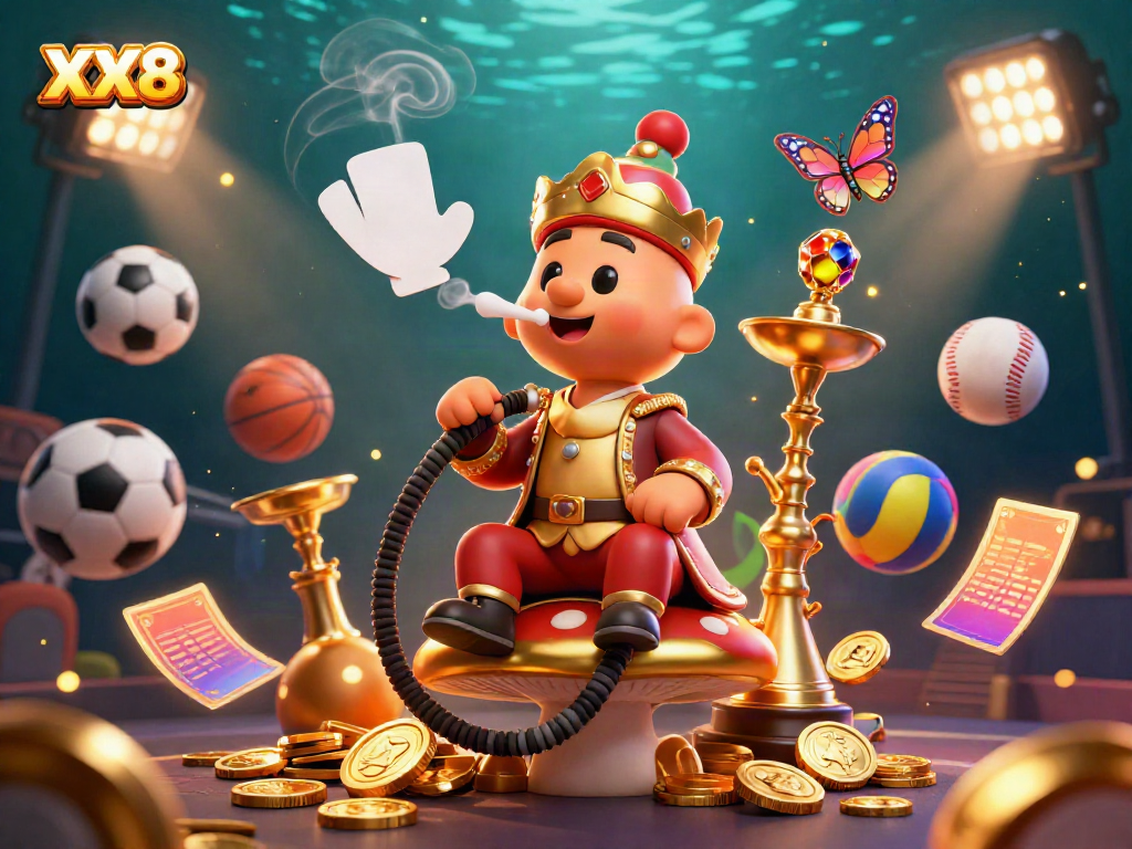 Engage with XX8's vibrant casino setting, featuring a colorful caterpillar hookah-master and sports elements in 3D.