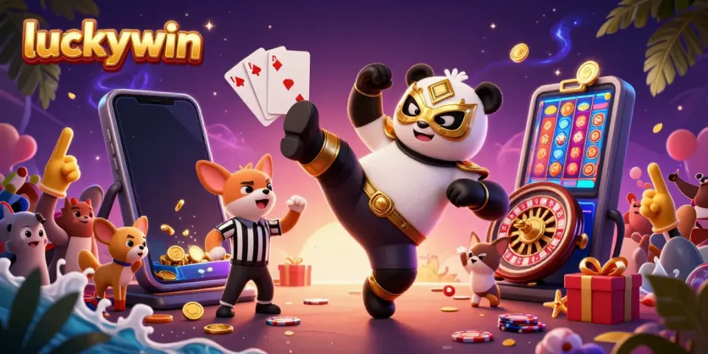 Experience the excitement of luckywin as the panda wrestler takes flight amidst vibrant casino elements.
