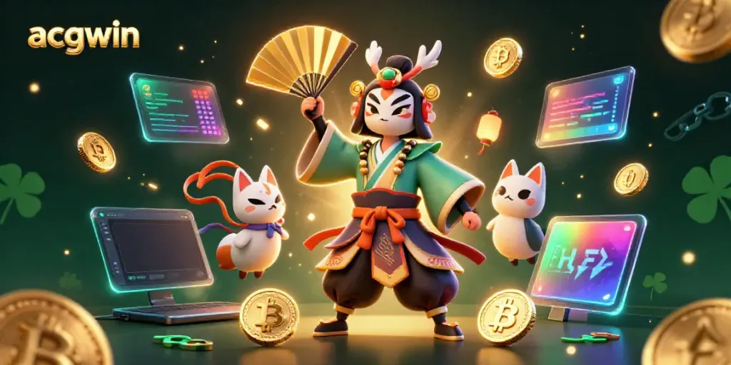 Experience acgwin with immersive 3D casino illustration showcasing a kabuki crane and magical elements, vibrant and dynamic.