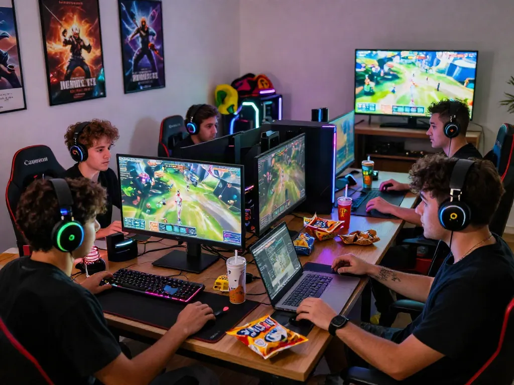 Gamers immersed in multiplayer action at warung168 setup, showcasing vibrant gaming environment with RGB lighting.