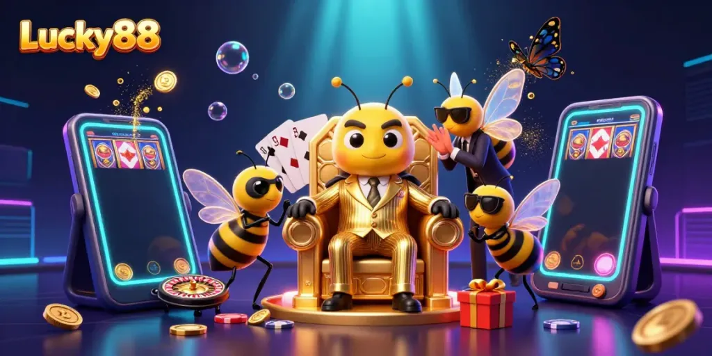 Experience the thrilling world of Lucky88 as a bumblebee mob boss reigns over a vibrant casino scene.