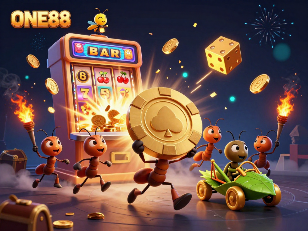 Join the excitement at ONE88 as ants pull off a heist with a giant poker chip amidst a colorful casino scene.