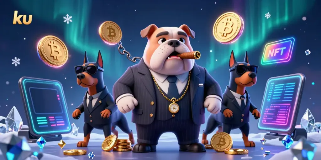 Engage with ku's thrilling casino scene featuring a mafia bulldog and bodyguards amidst vibrant digital elements.