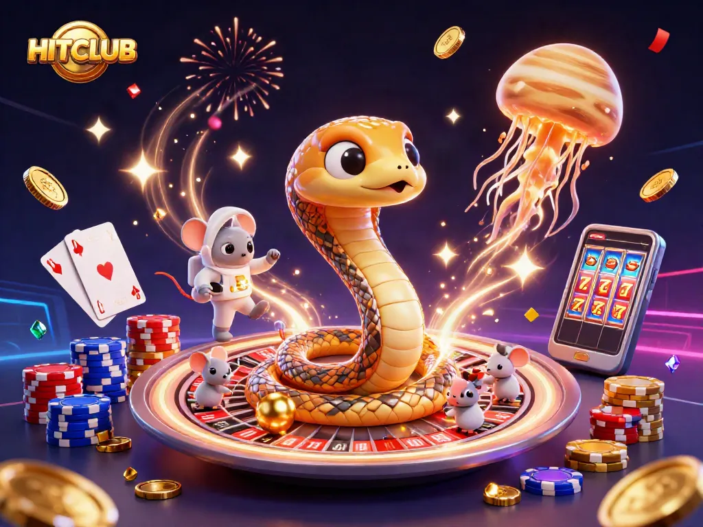 Engage with HITCLUB's vibrant casino scene featuring roulette, gold coins, and dazzling characters.