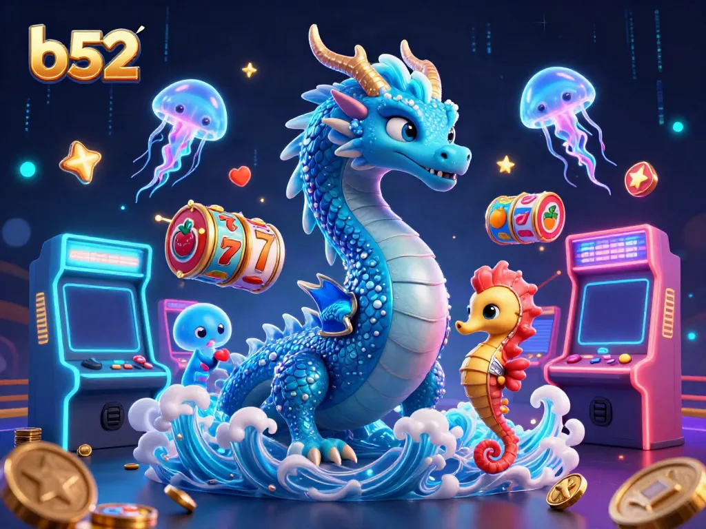 B52 online casino showcases vibrant slot dynamics with a mystical dragon and coral knight.