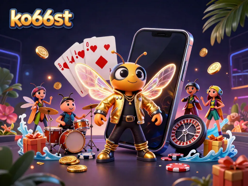ko66st ignites excitement with a cartoon cicada rock star in a dynamic casino setting.