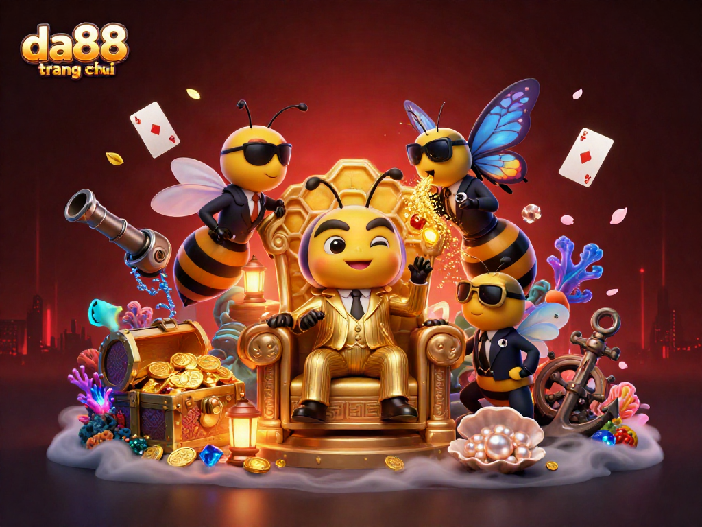 Experience da88 trang chủ with a colorful 3D casino scene featuring cartoon characters amidst gambling treasures.