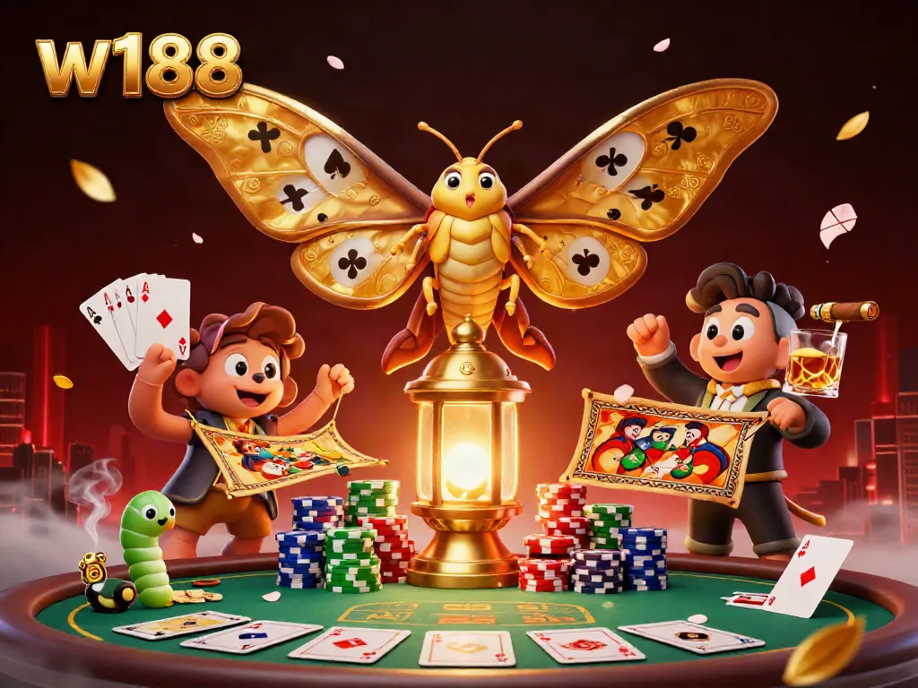 Win big with W188 at a vibrant casino scene featuring golden butterfly wings and poker elements.