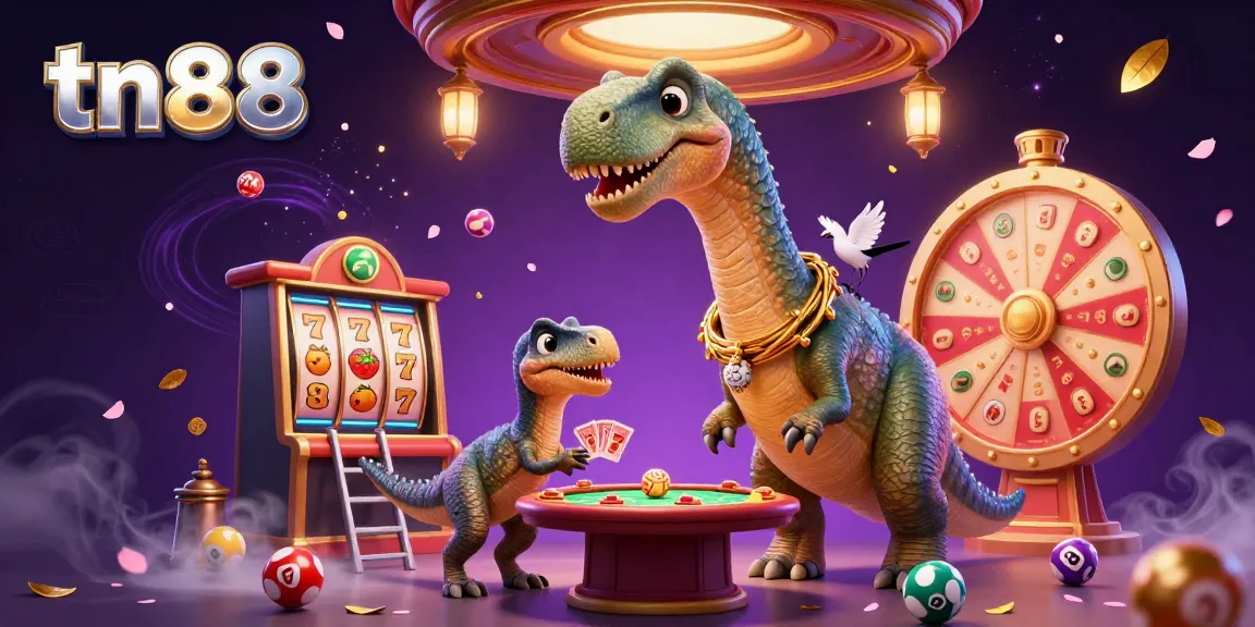 Experience tn88's thrilling slot adventure with a tall dinosaur interacting at a lively poker table.