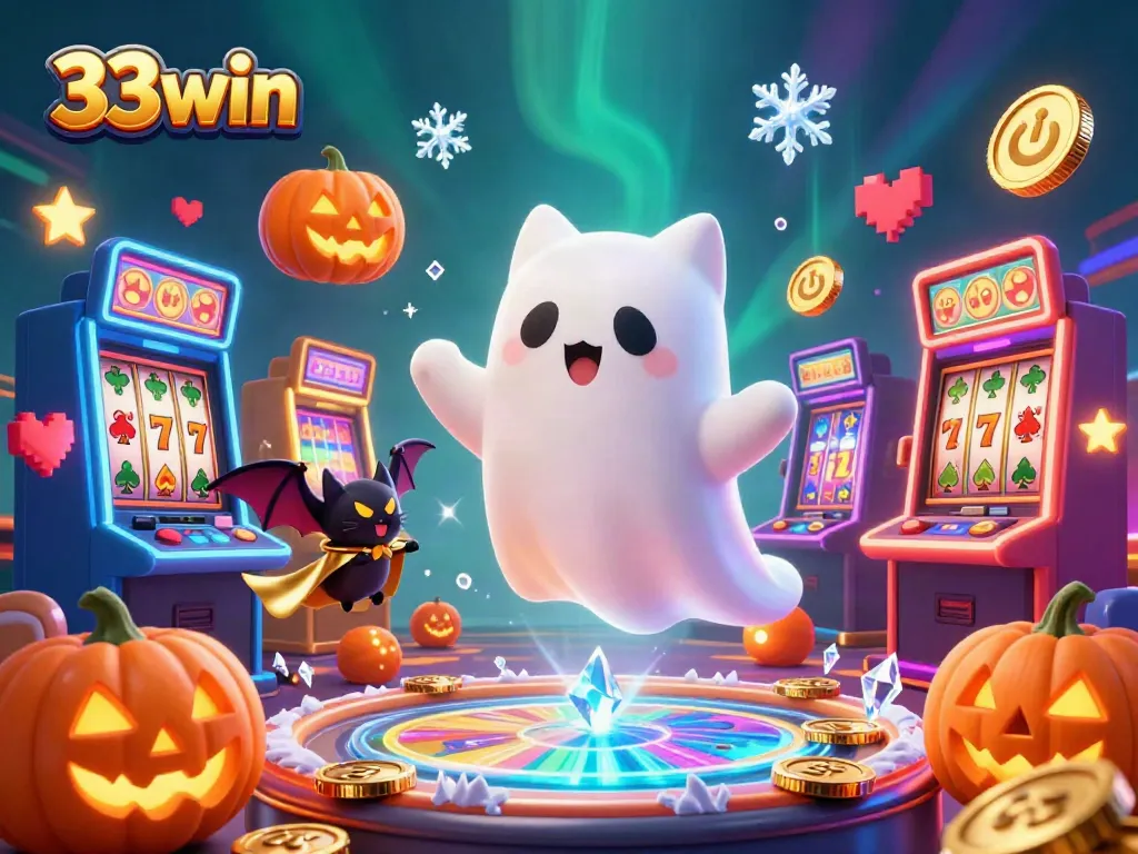 Experience the thrill of winning with 33win's vibrant casino scene featuring a playful ghost cat and slot machines.