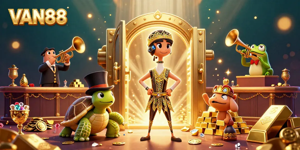 Experience the lavish atmosphere of VAN88, featuring a golden treasure vault in a lively casino setting with characters.
