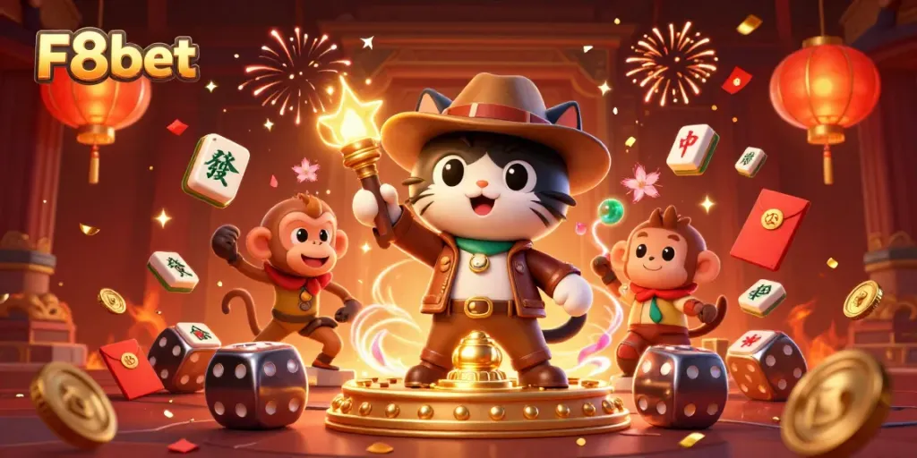 Visualize F8bet as a 3D illustration of an explorer cat and monkey in a vibrant casino artifact discovery scene.
