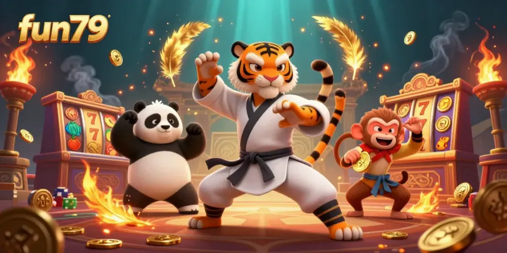Experience fun79 with a kung fu tiger in a vibrant online casino setting, showcasing fun games.