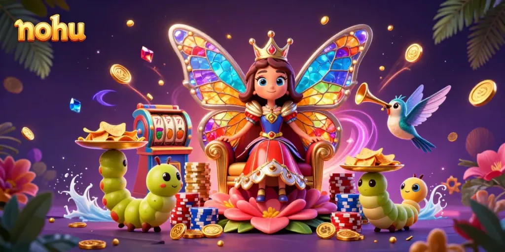 Experience the thrill of nohu gaming with vibrant slot reels and colorful casino elements featuring a butterfly queen and her whimsical entourage.