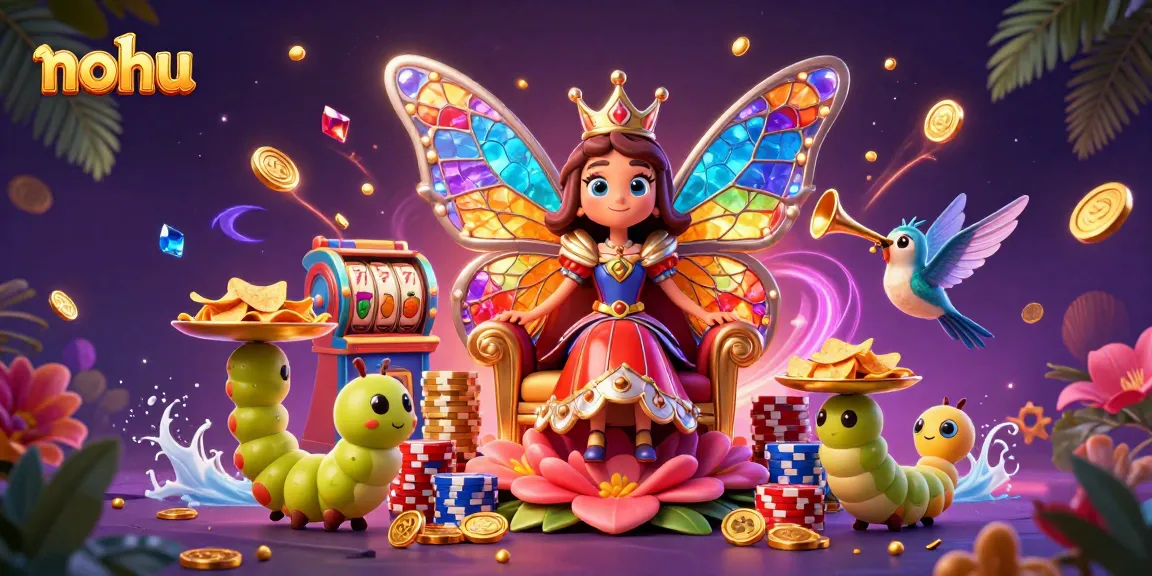 Experience the thrill of nohu gaming with vibrant slot reels and colorful casino elements featuring a butterfly queen and her whimsical entourage.