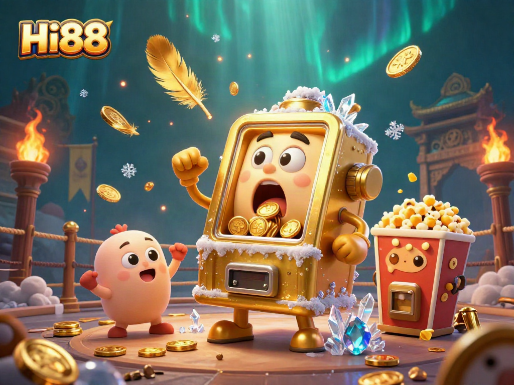Hi88 slot machine celebrates a jackpot win amidst dynamic casino elements and golden coins.