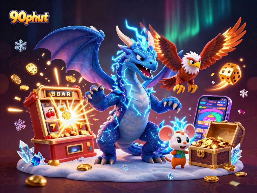 Score big with 90phut, featuring an electrifying casino scene including slots and mythical creatures.