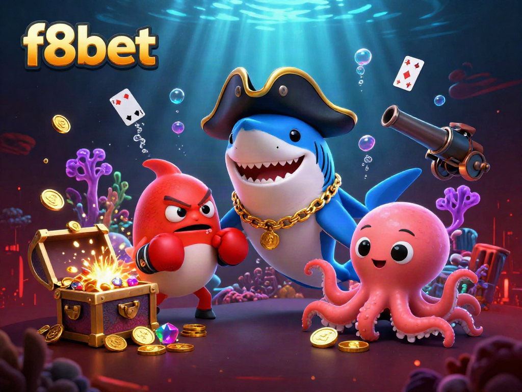 Engage with exciting slots at f8bet, featuring vibrant 3D characters like a pirate shark.