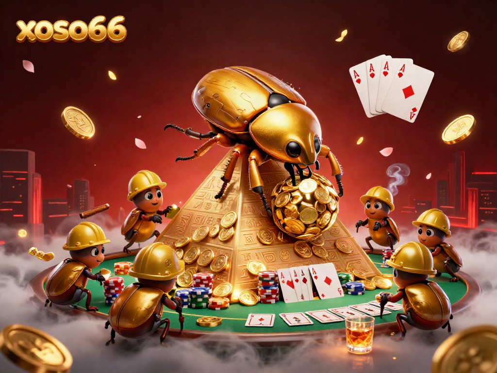 Experience the excitement of xoso66 with golden beetles and poker elements in an ultra-detailed scene.