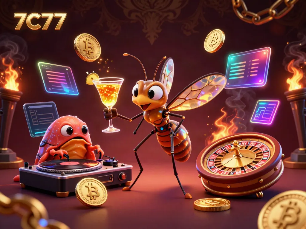 Experience the thrilling gaming world of 7C77 with a vibrant 3D casino scene featuring unique characters and crypto elements.