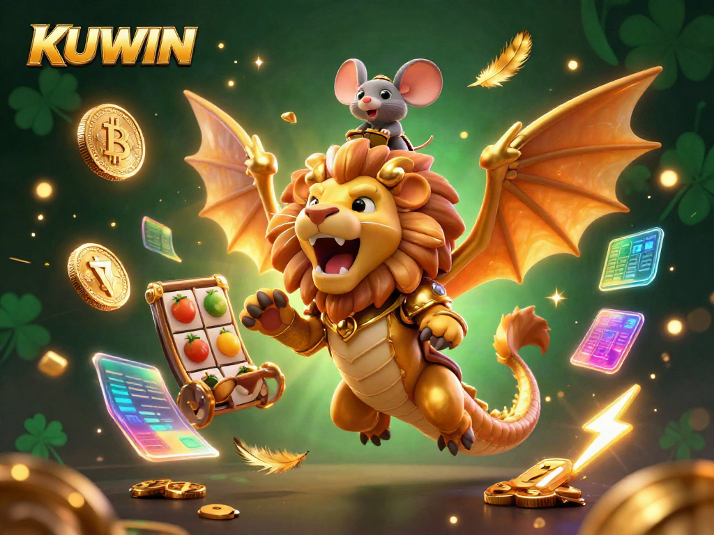 Experience thrilling gameplay with KUWIN's dynamic 3D chimera surrounded by vibrant slot game elements.