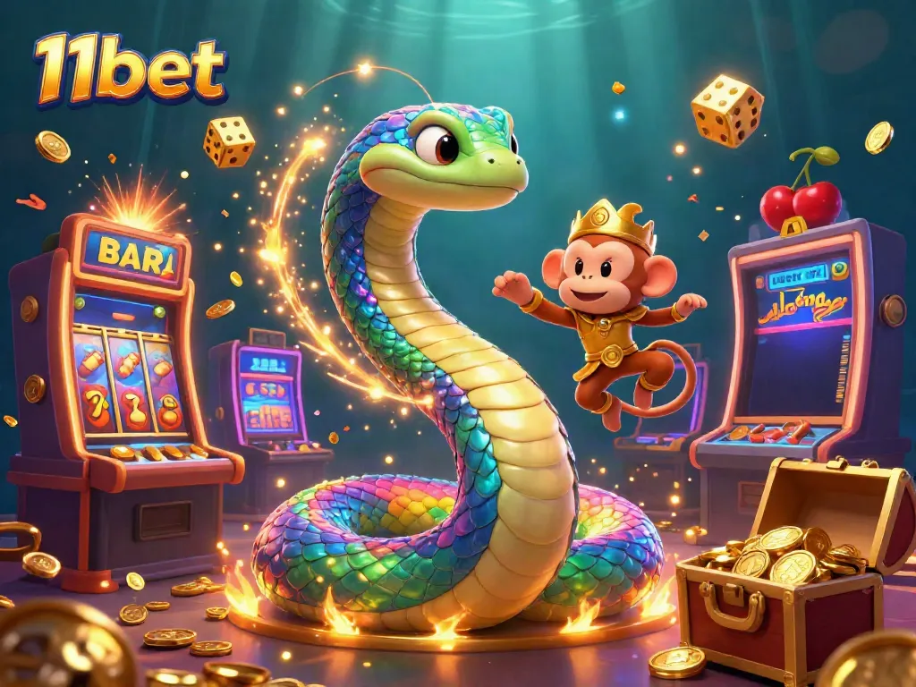 Experience the thrill of 11bet with an engaging, colorful slot machine jackpot scene featuring a playful monkey king and a serpent.