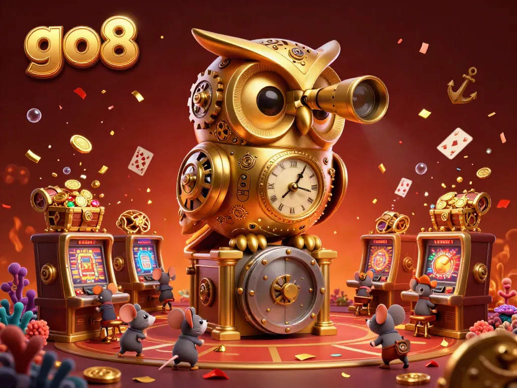 Spin to win at go8 with golden owl and vibrant casino elements celebrating fun!