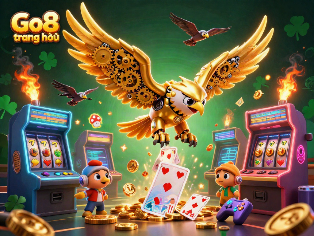 Engage in thrilling gameplay at Go8 trang chủ with a dynamic 3D illustration showcasing an eagle amidst holographic cards and arcade machines.