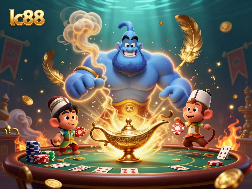 Engage in thrilling casino adventures with lc88's vibrant illustration of a genie, monkey, and poker elements.