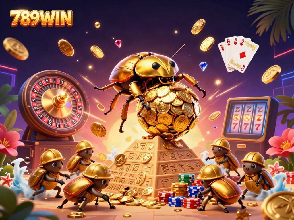 Experience the excitement of 789WIN with golden coins, roulette, and colorful poker chips in a vibrant illustration.