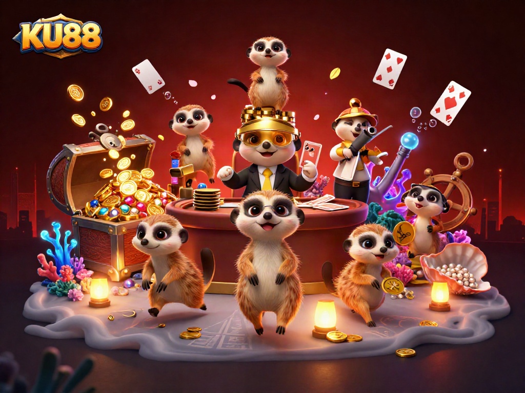 KU88 meerkats celebrate a jackpot in a vibrant casino setting, blending fun and adventure.