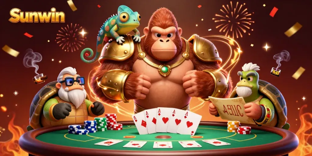 Experience the vibrant gaming world of Sunwin with an epic scene featuring a powerful gorilla king and his companions.