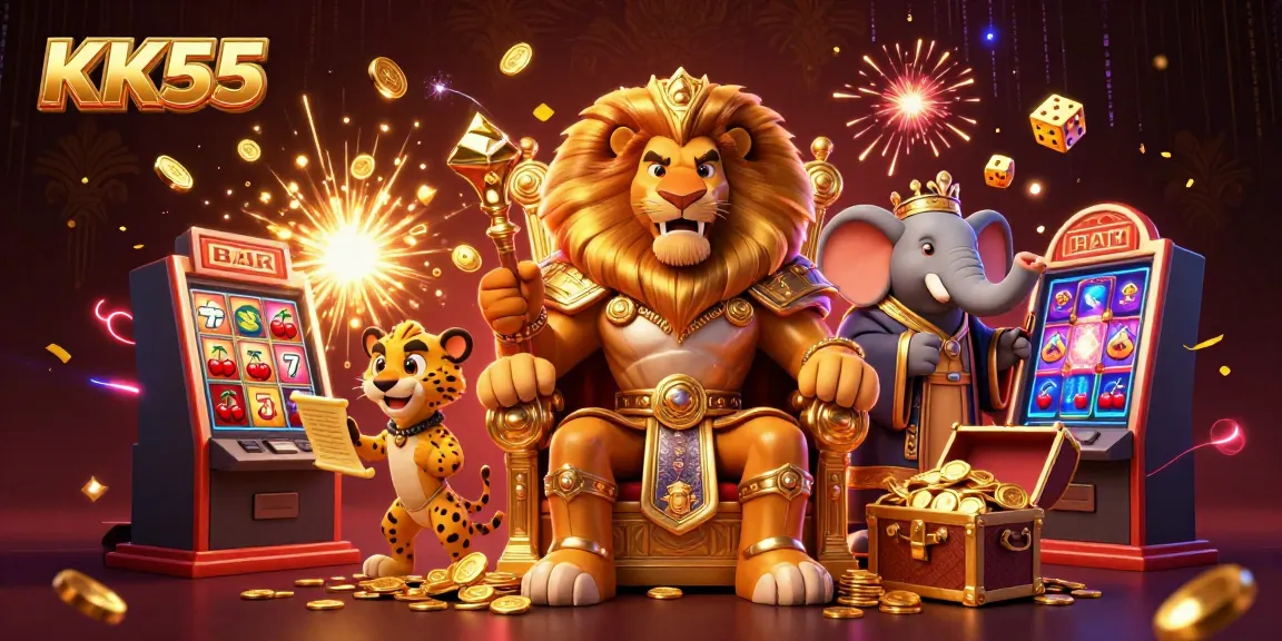 Experience the vibrant world of KK55 with a thrilling king, elephant advisor, and swift cheetah amidst dynamic casino elements.
