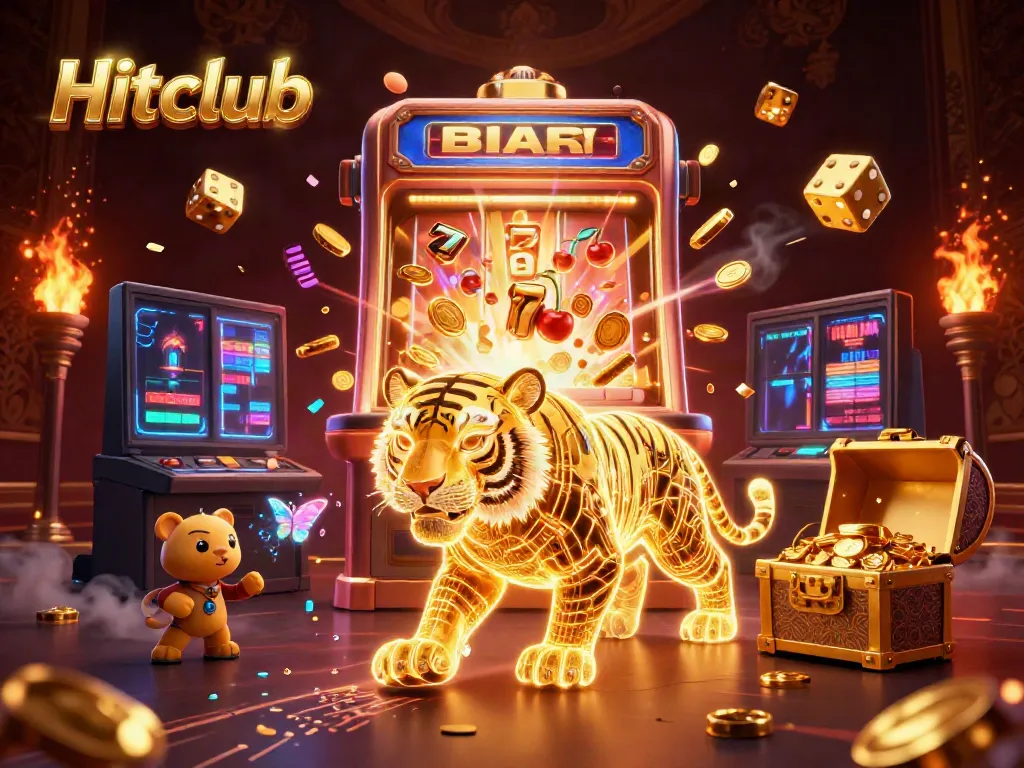 Engage with Hitclub's vibrant gaming scene, featuring a golden tiger amid jackpots and a stylish casino.