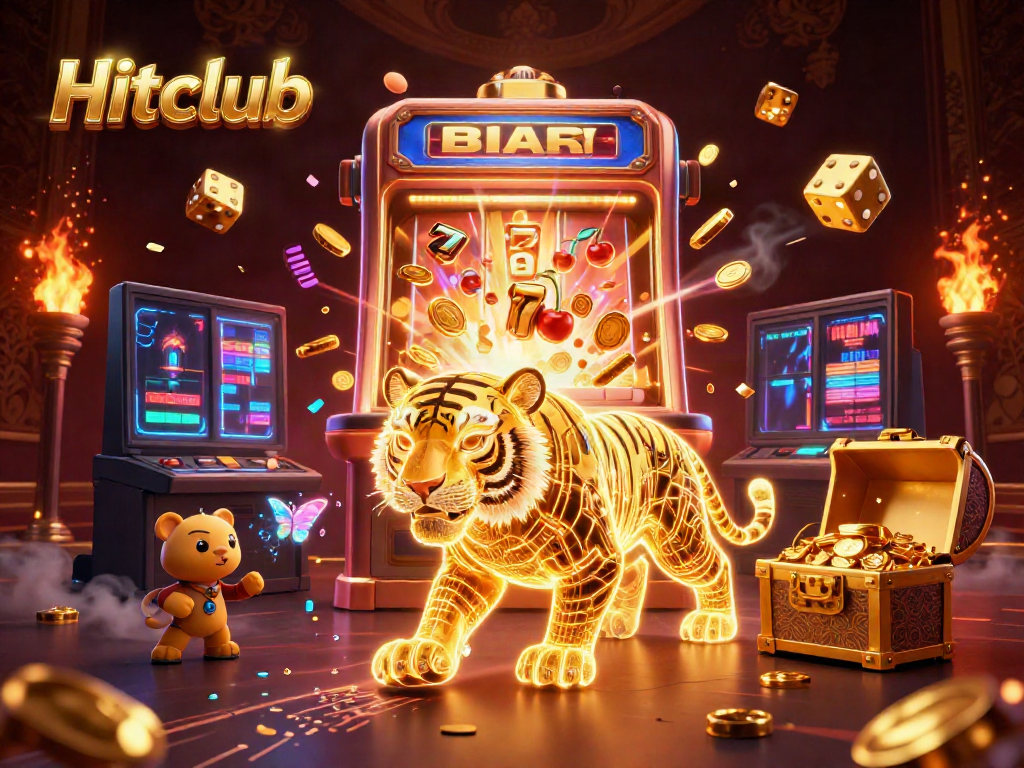 Engage with Hitclub's vibrant gaming scene, featuring a golden tiger amid jackpots and a stylish casino.