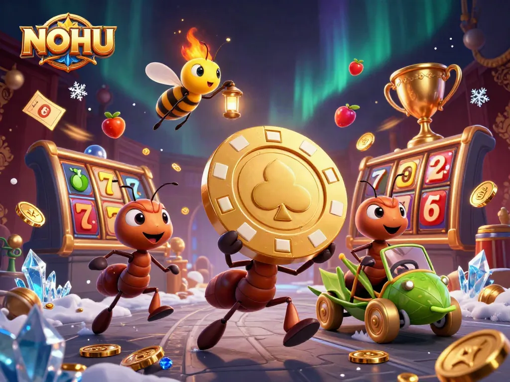 Engage in thrilling NOHU slot games as ants attempt to escape with a giant poker chip.