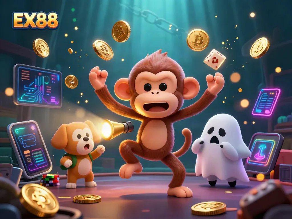 Unveil EX88's mystical gaming realm with a playful poltergeist monkey and curious ghost-hunter puppy in a haunted casino.