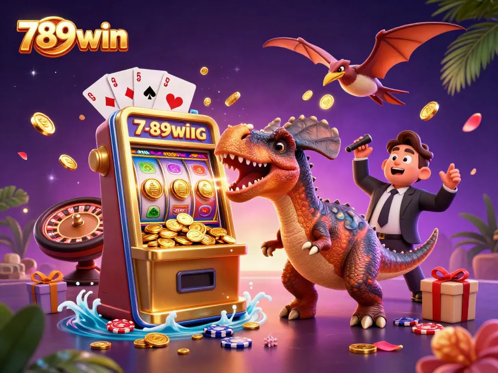 Experience the exciting world of 789win where a dinosaur interacts with a jackpot slot machine amidst a vibrant casino atmosphere.