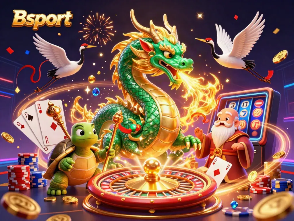 Experience thrilling gameplay at Bsport with this dynamic casino illustration showcasing dragons, coins, and lucky symbols.