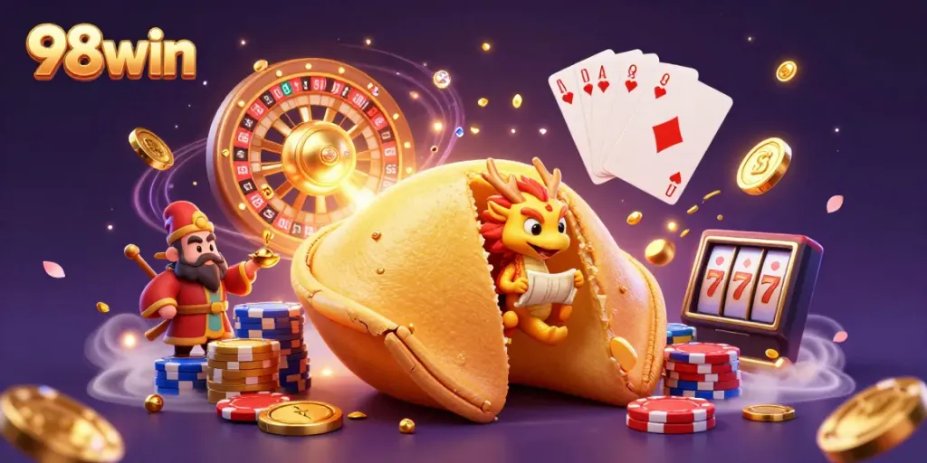 Experience winning moments in the vibrant world of 98win with golden treasures and gaming characters.