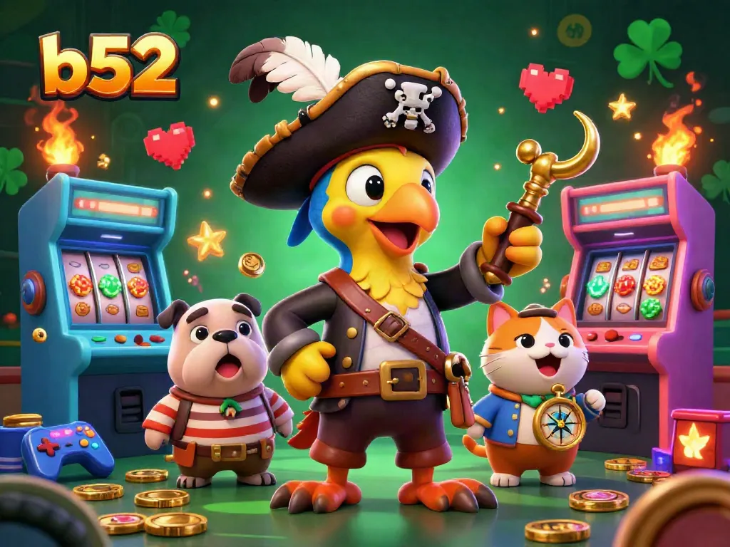Join the excitement with b52 as the cartoon pirate captain and crew command a vibrant casino scene filled with arcade games and jackpots.
