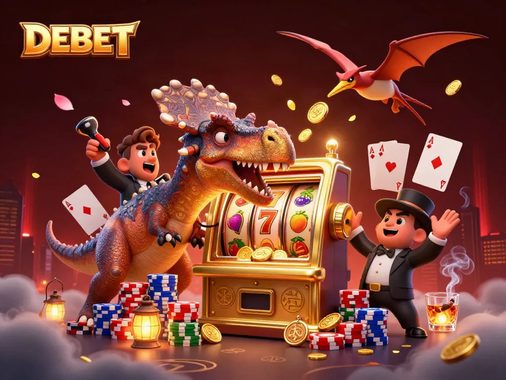 DEBET offers a thrilling slot machine jackpot action with cartoon dinosaurs and vibrant casino elements