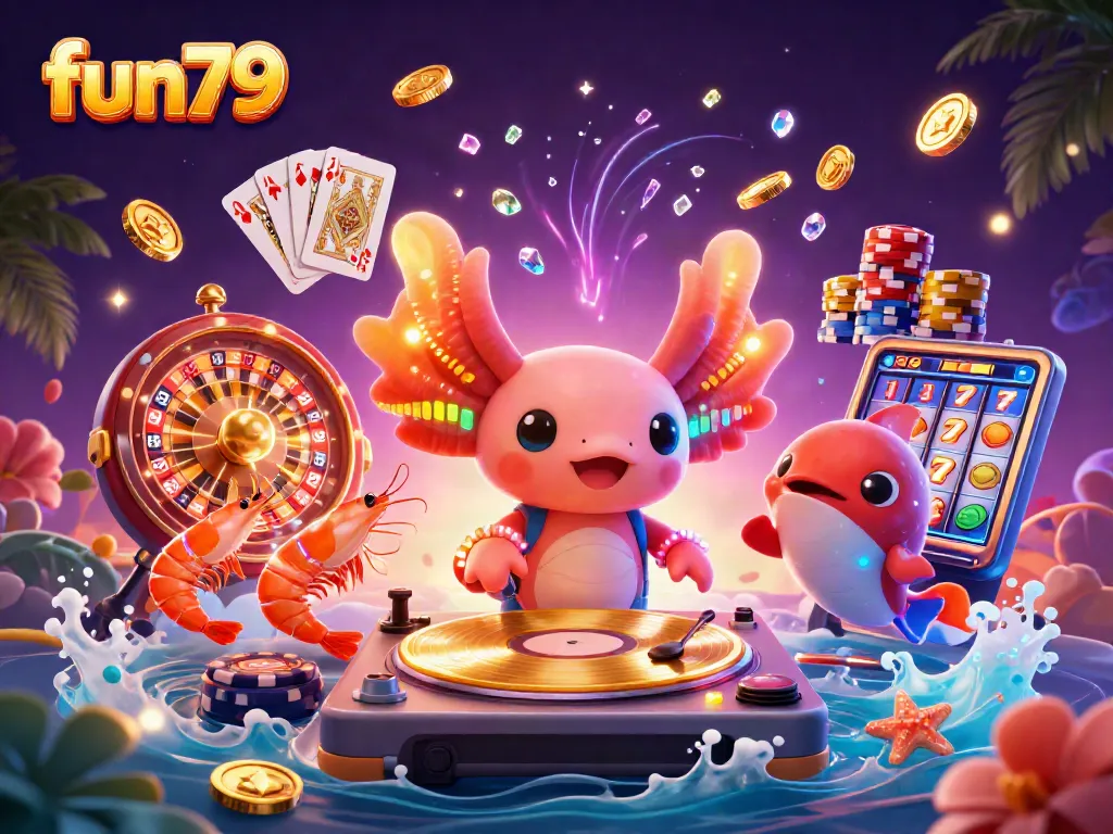 fun79 showcases vibrant casino energy with a neon axolotl DJ and lively sea creatures.