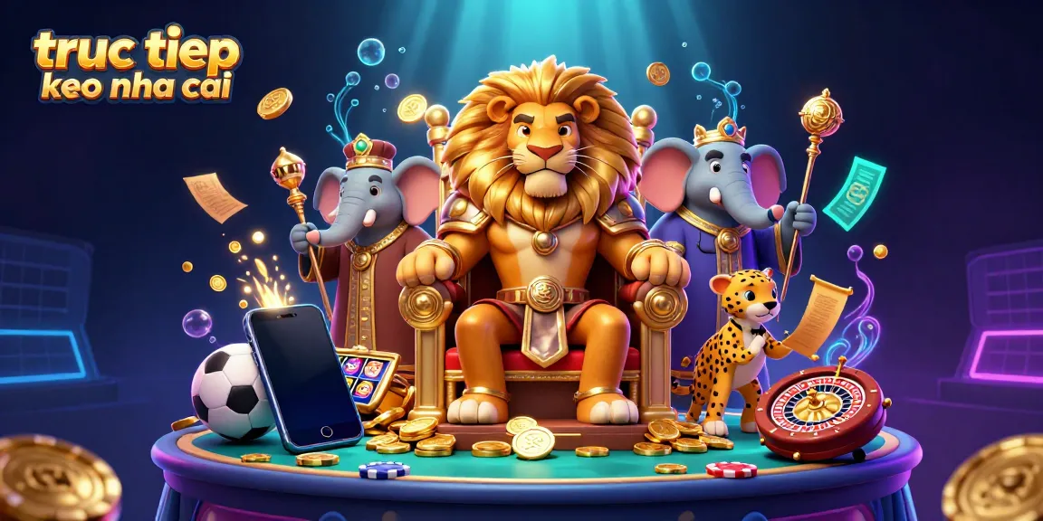 Experience the thrilling action of truc tiep keo nha cai with a 3D depiction of a lion king, elephant advisor, and cheetah messenger in a dynamic betting scene.